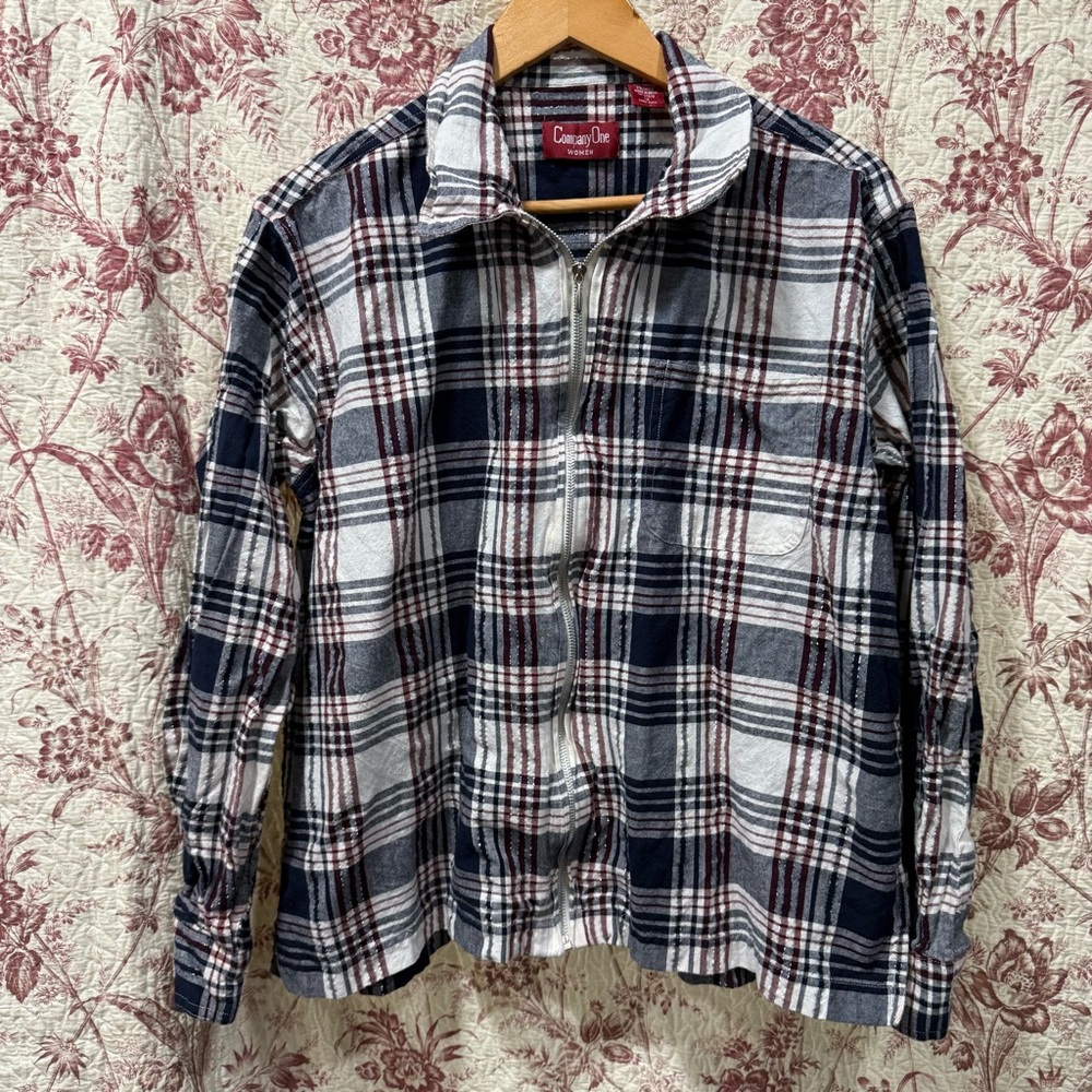 Company One Women’s 1X Plaid Zip-Up Shirt Jacket – Navy/Gray/Burgundy